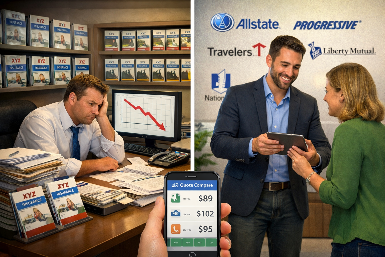 a split image showing an insurance agent stressed and one who is doing great
