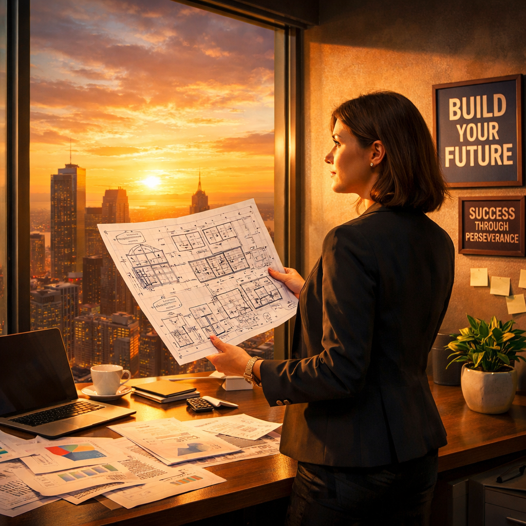 business woman staring out the window of her office