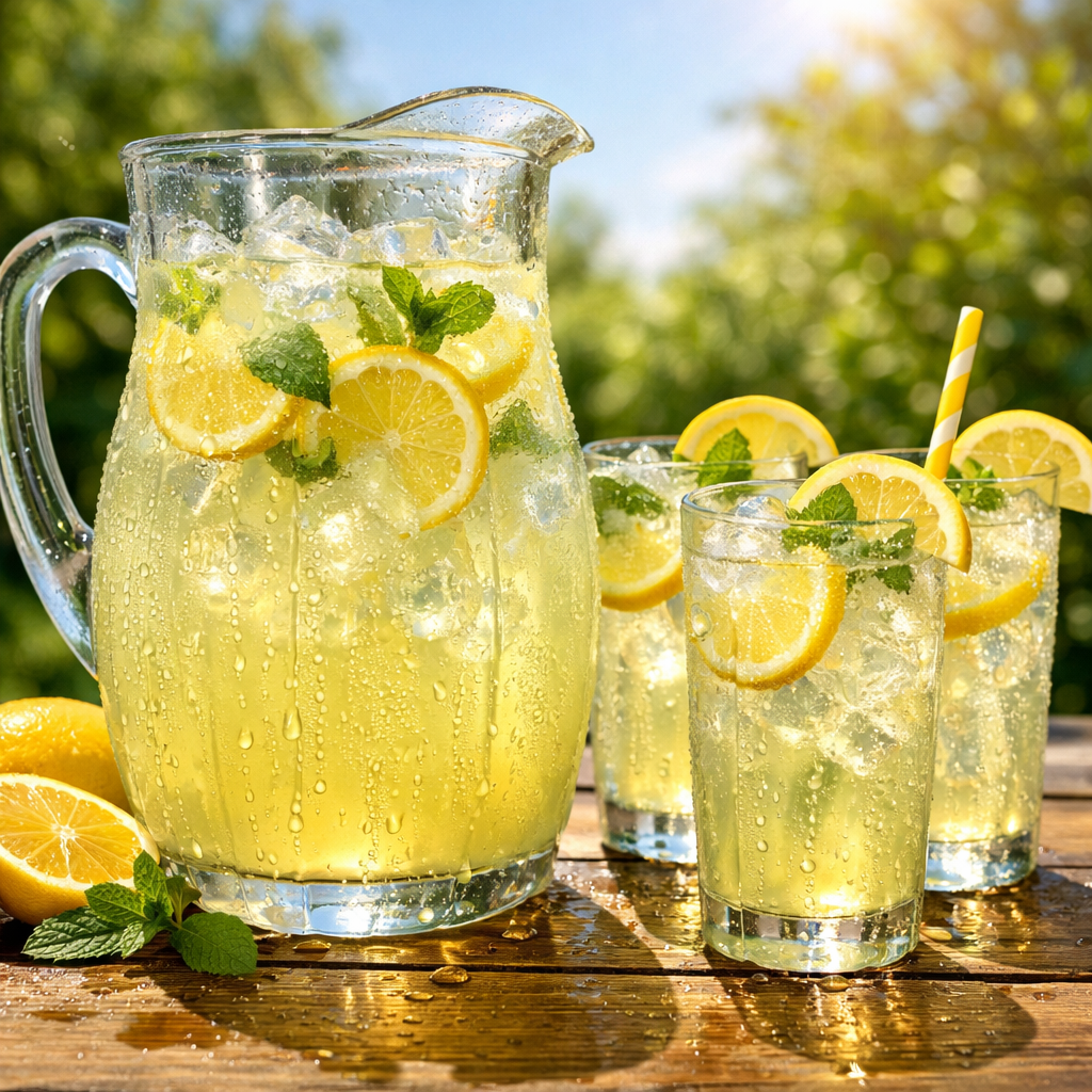 a big pitcher of lemonade on a table