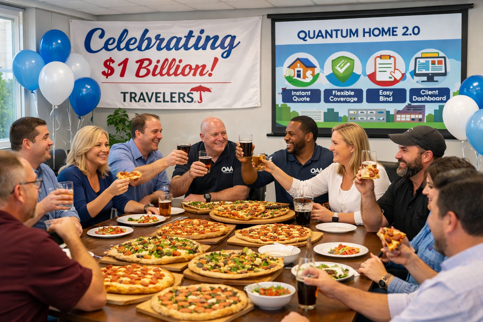 a team having a pizza party and celebrating success