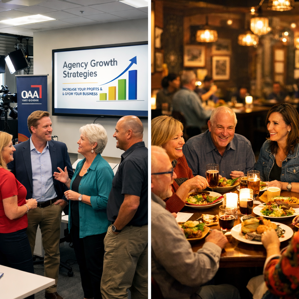 The image captures a vibrant open house event at OAA, showcasing a spacious, modern office filled with natural light. 
