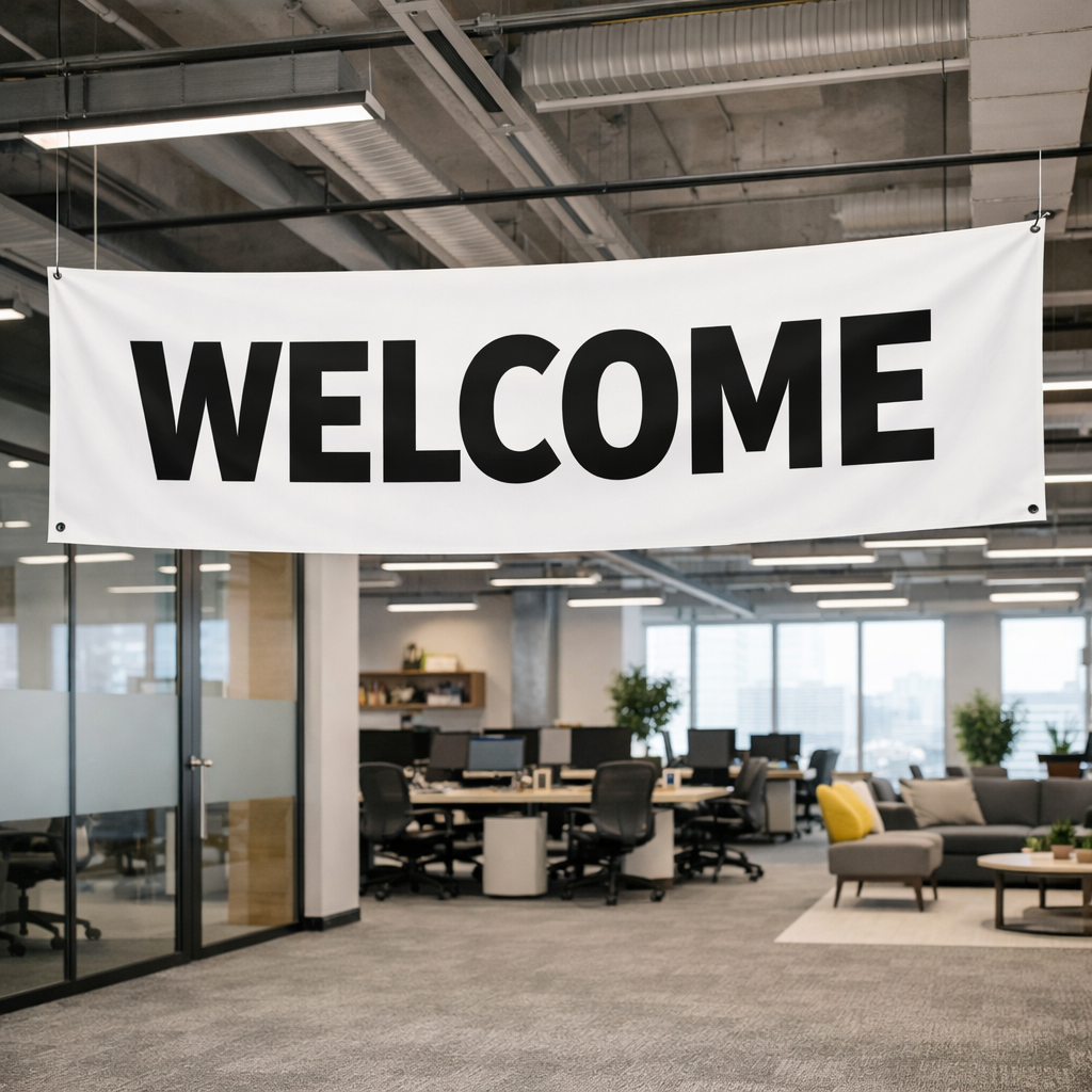 welcome banner hanging in modern office