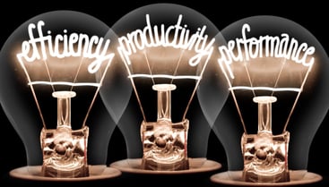 lightbulbs with words inside: efficiency, productivity, and performance